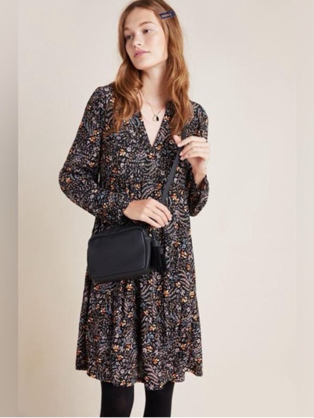 Maeve by Anthro Black Floral Long-Sleeve Tiered Dress